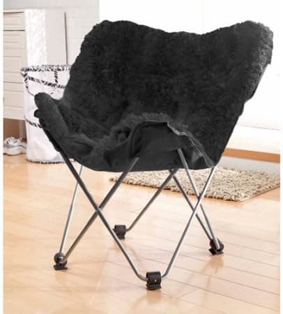 Your Zone Lux Shag Butterfly Chair | Portable Seating Option | Folds for Easy Storage (Rich Black)