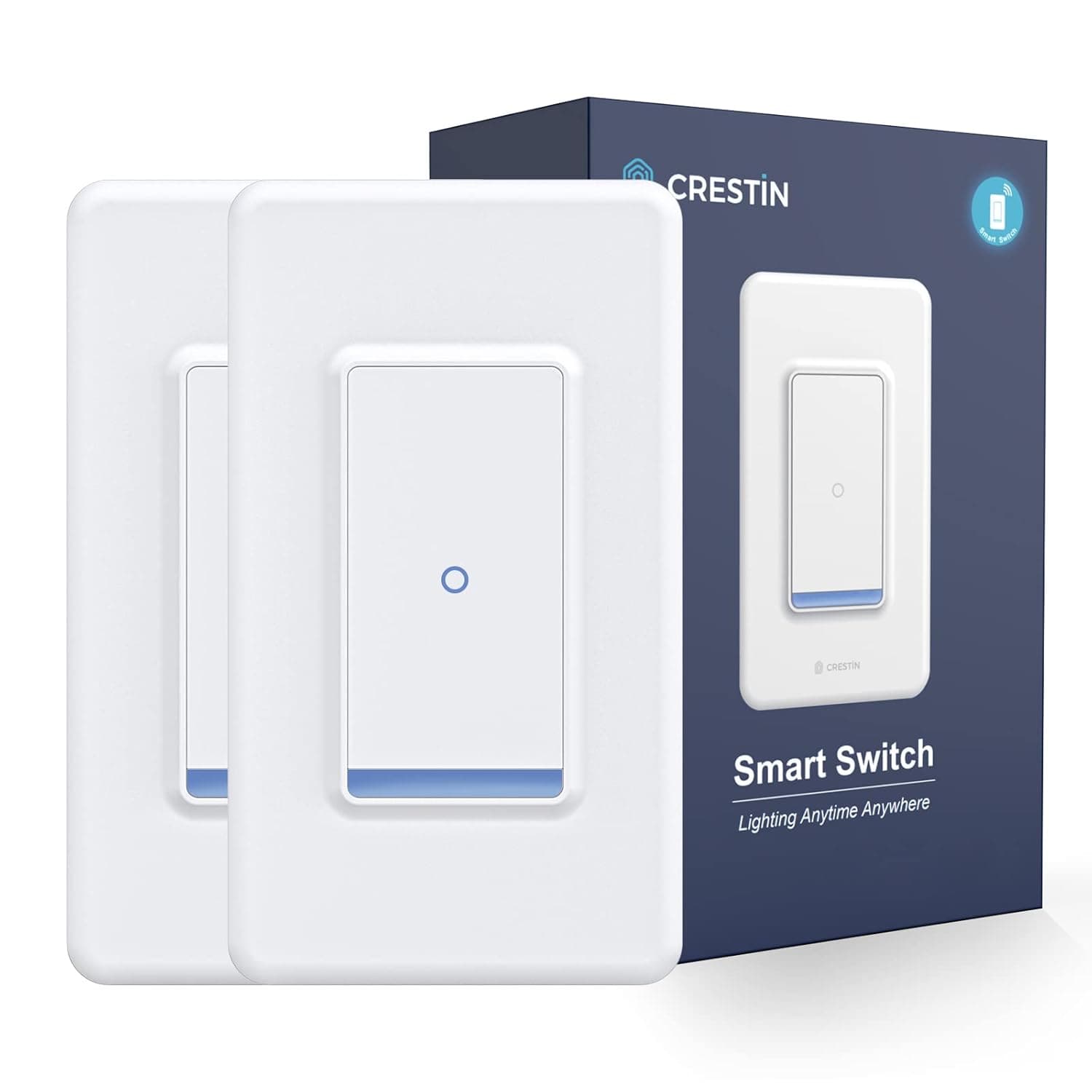 CRESTIN Smart Switch, 2.4GHz Wifi &Bluetooth Smart Light Switch Works with Alexa &Google Assistant, Neutral Wire Needed, Remote Control & Timer,3 way Single Pole, FCC Certified, No Hub Required (2 PC)