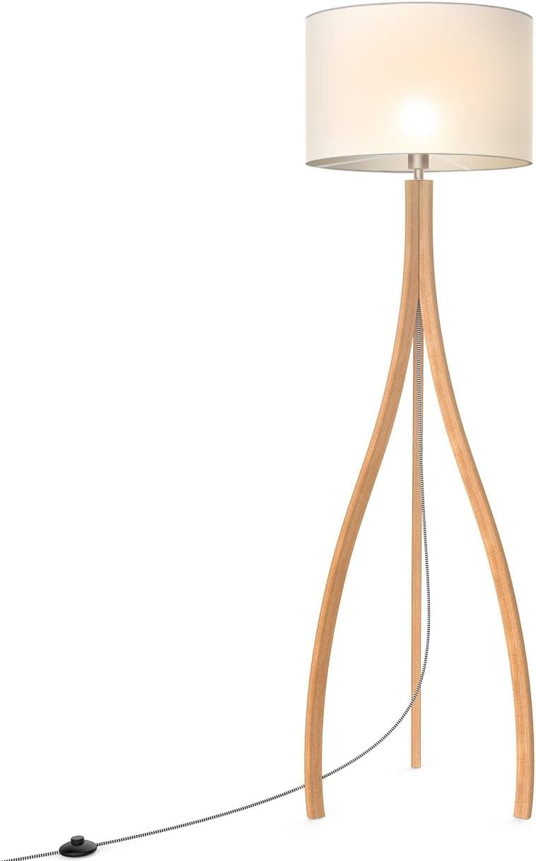 Tomons Modern Artistic Style Wood Tripod Floor Lamp, White TC Cloth Shade, E26 Bulb Base, 160cm/63-Inch Height, 1.4m/4.6ft Cable With Foot Switch - FL2002