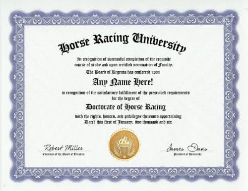 Horse Racing Degree: Custom Gag Diploma Doctorate Certificate (Funny Customized Joke Gift - Novelty Item)