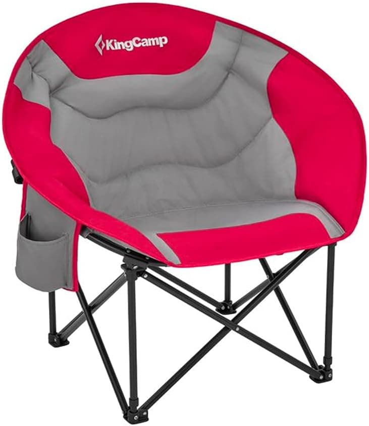KingCamp Folding Portable Indoor or Outdoor Waterproof Saucer Lounge Camping and Bedroom Chair with Cupholder and Back Storage Pocket, Red/Grey