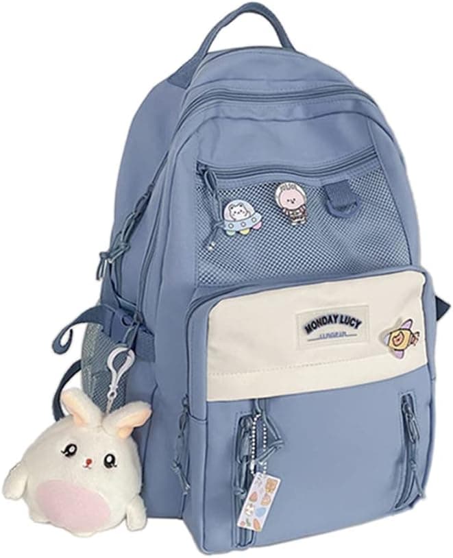 HIQUAY Kawaii Basic Backpack Cute Rucksack for Teen Aesthetic Student Bookbags with Pendant and Lots of Pockets for School (Blue)