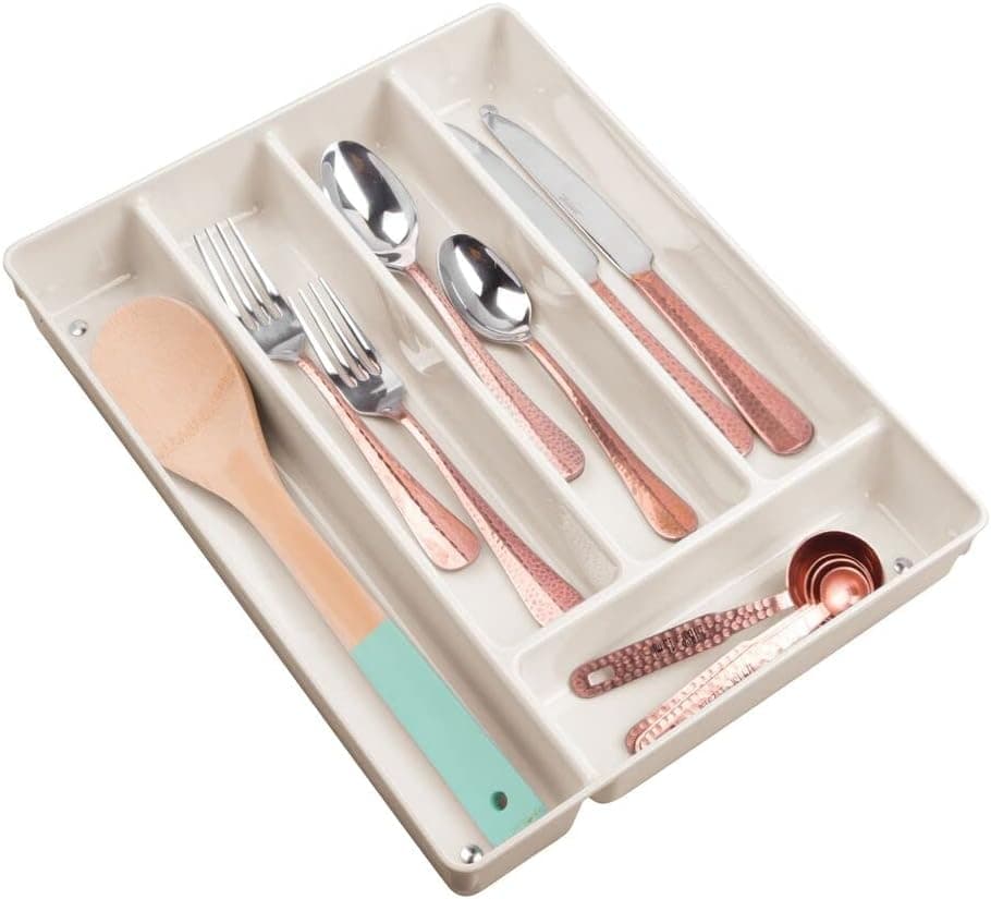 mDesign Plastic Divided Kitchen Pantry and Drawer Storage Organizer Tray Holder for Forks, Spoons, Knives - 2" High - Cream/Beige