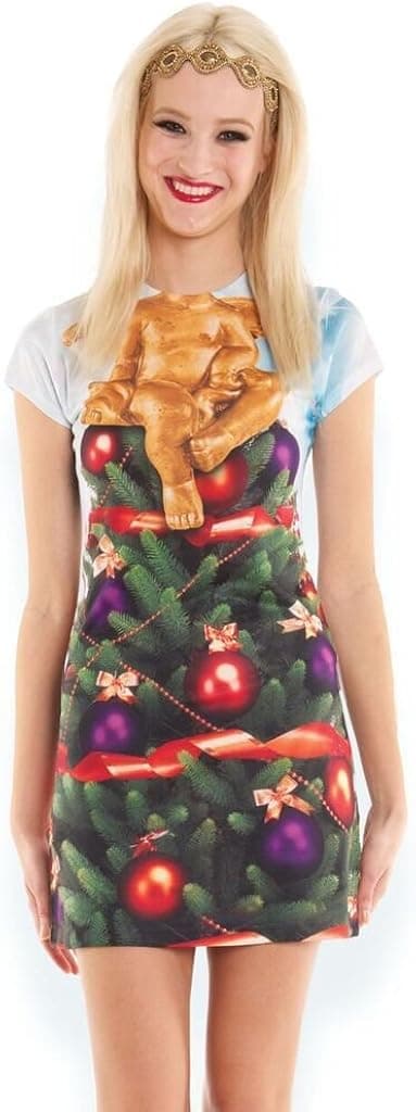 Faux Real Women's 3D Photo-Realistic Short Sleeve Ugly Christmas Sweater T-Shirt Dress