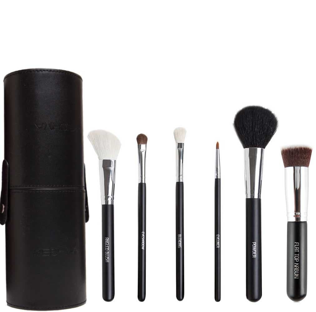 Premium Makeup Brushes Set with Elegant Brush Holder By Keshima - Flat Top Kabuki, Powder Brush, Angled Contour/Blush, Eyeliner/Lip Brush, Blending Brush, Eyeshadow Brush - Makes a Beautiful Gift Set