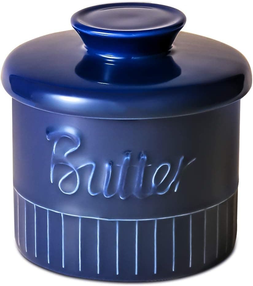 Porcelain Butter Keeper Crock for Counter, Butter, Farmhouse Style Butter Keeper for Countertop, Ceremic French Butter Dish with Lid & Water Line - Blue