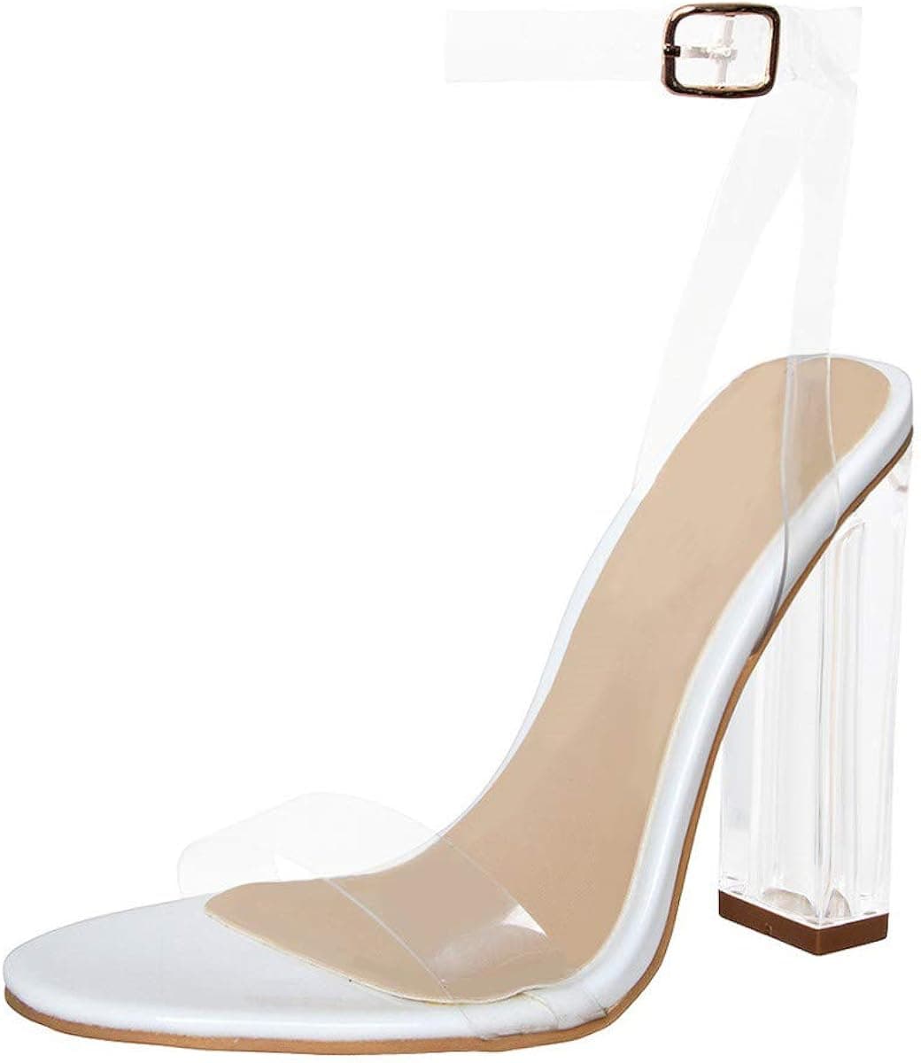 Richealnana Women's Clear PVC Heels Ankle Strap Buckle Chunky Perspex Lucite High Heel Transparent Dress Sandals White Size 8