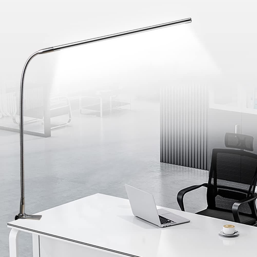 Brokimis USB LED Desk Lamp with Clamp 8-12W Adjustable Brightness Eye Care GooseNeck 360° Swivel Nail Desk Light with Adapter for Manicure Reading Eyebrow Trimming Office Tattoo Silver