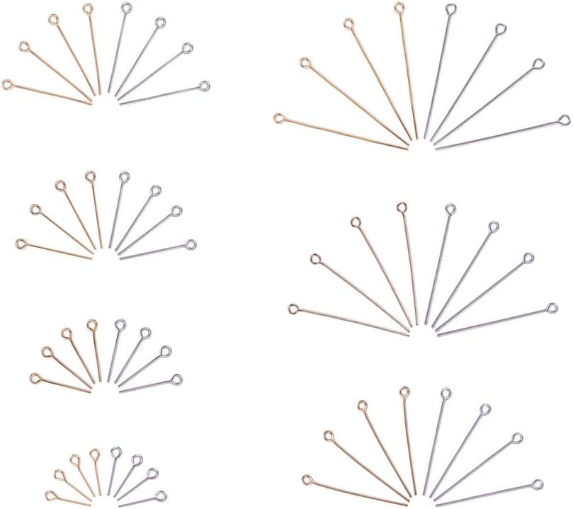 PH PandaHall 210 pcs 7 Sizes 15/20/25/30/35/40/45mm 304 Stainless Steel Head Pins Findings Open Eye Pin 21 Gauge for Earring Pendant Jewelry Making, Golden/Silver