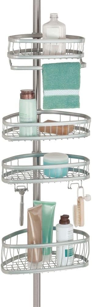 mDesign Bathroom Shower Storage Constant Tension Corner Pole Caddy - Adjustable Height - 4 Positionable Baskets - for Organizing and Containing Hand Soap, Body Wash, Wash Cloths, Razors - Chrome