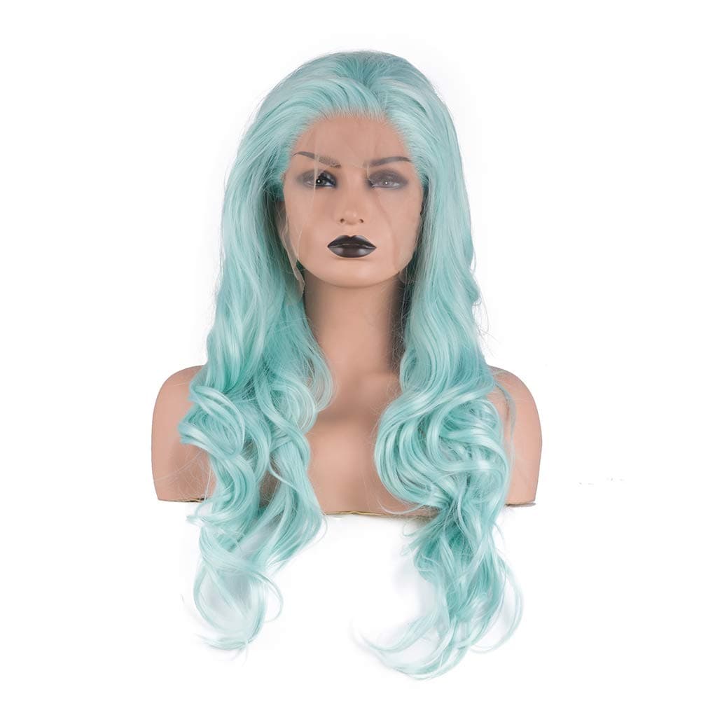 JINGFA Summer Green Lace Front Wigs For Fashion Women Long Wave Heat Resistant Fiber Mint Green Drag Queen Wigs Free Part