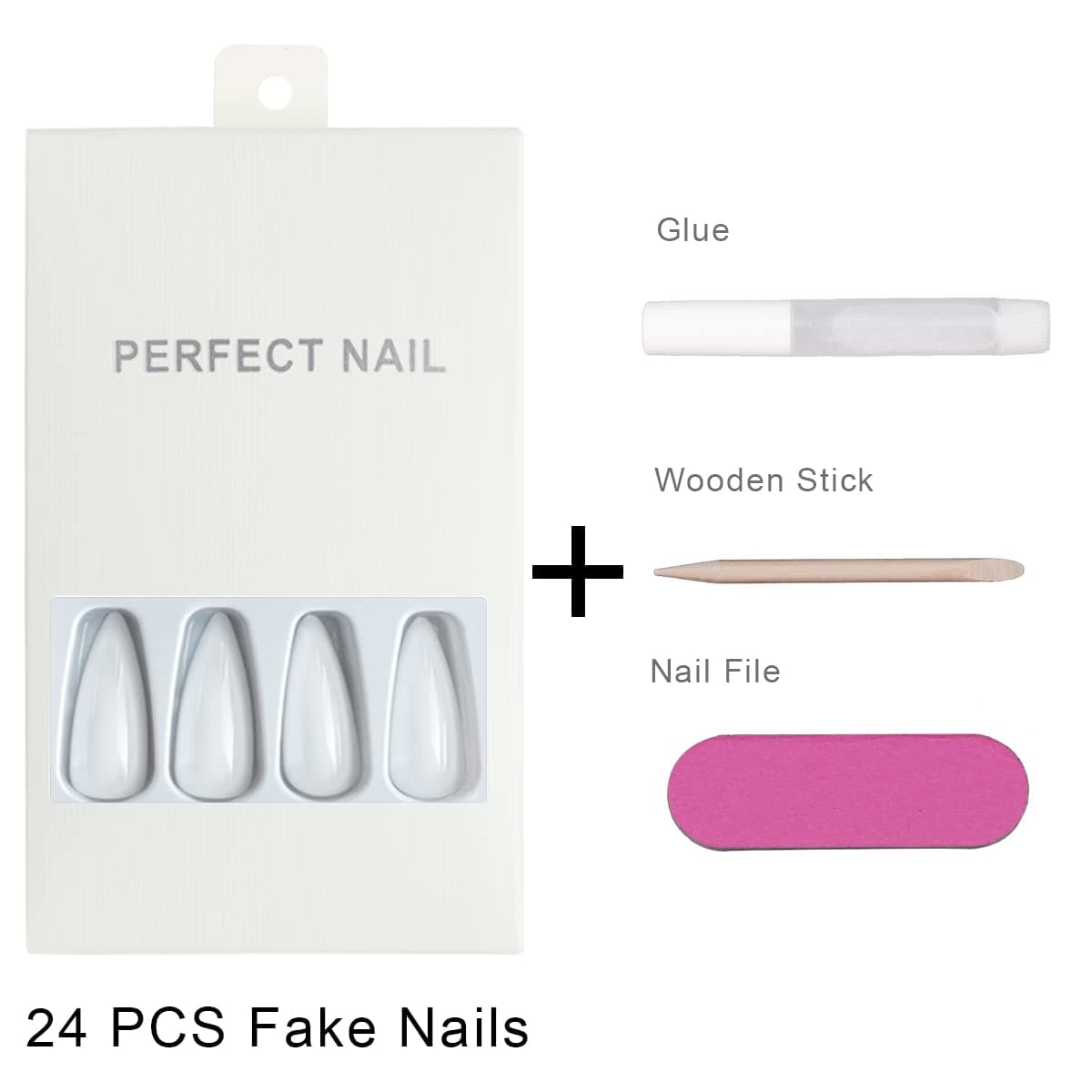 NAILDOKI Press-On Nails Fake Nail Tips 24 Pcs, Acrylic Nail Art Kit with Nail File, Nail Glue, Manicure Stick, False Nail for Women and Girls