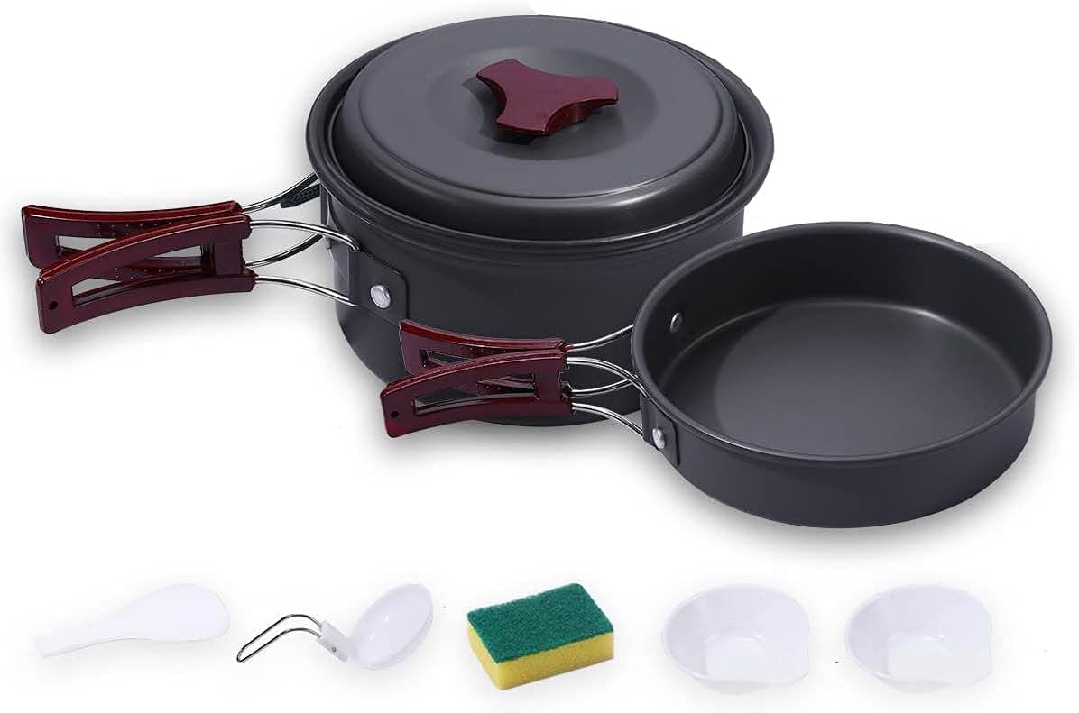 Starryaura Camping Cookware Set Mess Kit Gear Lightweight Backpacking Portable Cookset Non-Stick Anodized Aluminum Pot & Pans Folding Utensil for 1/2 People, Outdoor Camping Hiking Picnic Black (7PCS)