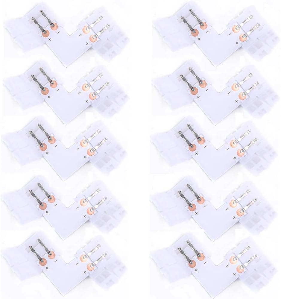 2 Pin 8mm 3528 L-Shape LED Light Strip Connectors, 90 Degree Corner Solderless Adapter Connectors, 12V 72W Fireproof 2Pin Conductor Clips for 3528 Single Color LED Light Strips (10 Pcs)