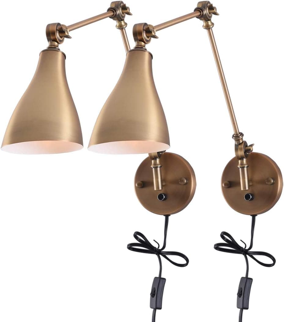 mirrea Industrial Plug in Wall Sconces with Angle Adjustable Swing Arm and On Off Dimmable Switch 2 Pack (Brass)