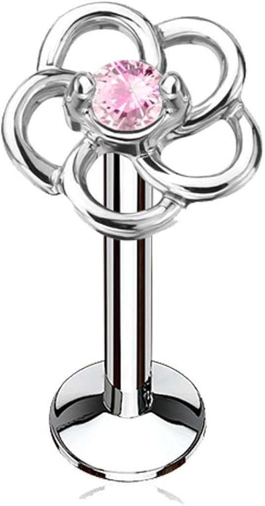 MoBody 16G CZ Centered Hollow Flower Top Labret Piercing Surgical Steel Internally Threaded Monroe Lip Ring Helix Earring