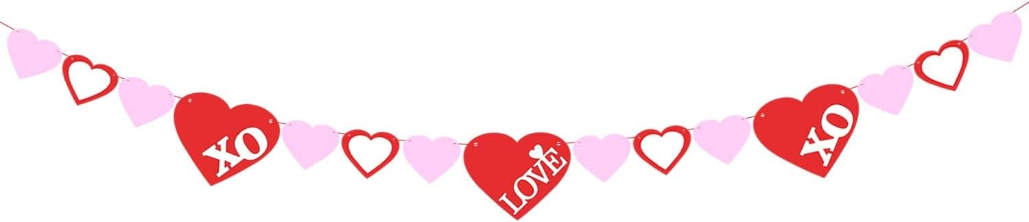 Xoxo Love Pink and Red Heart Garland - Assembled Banner | No DIY | Valentines Day Decorations - Valentine's Decorations | Valentine Banner | Valentines Day Decor | Valentines Garland | Felt Garland