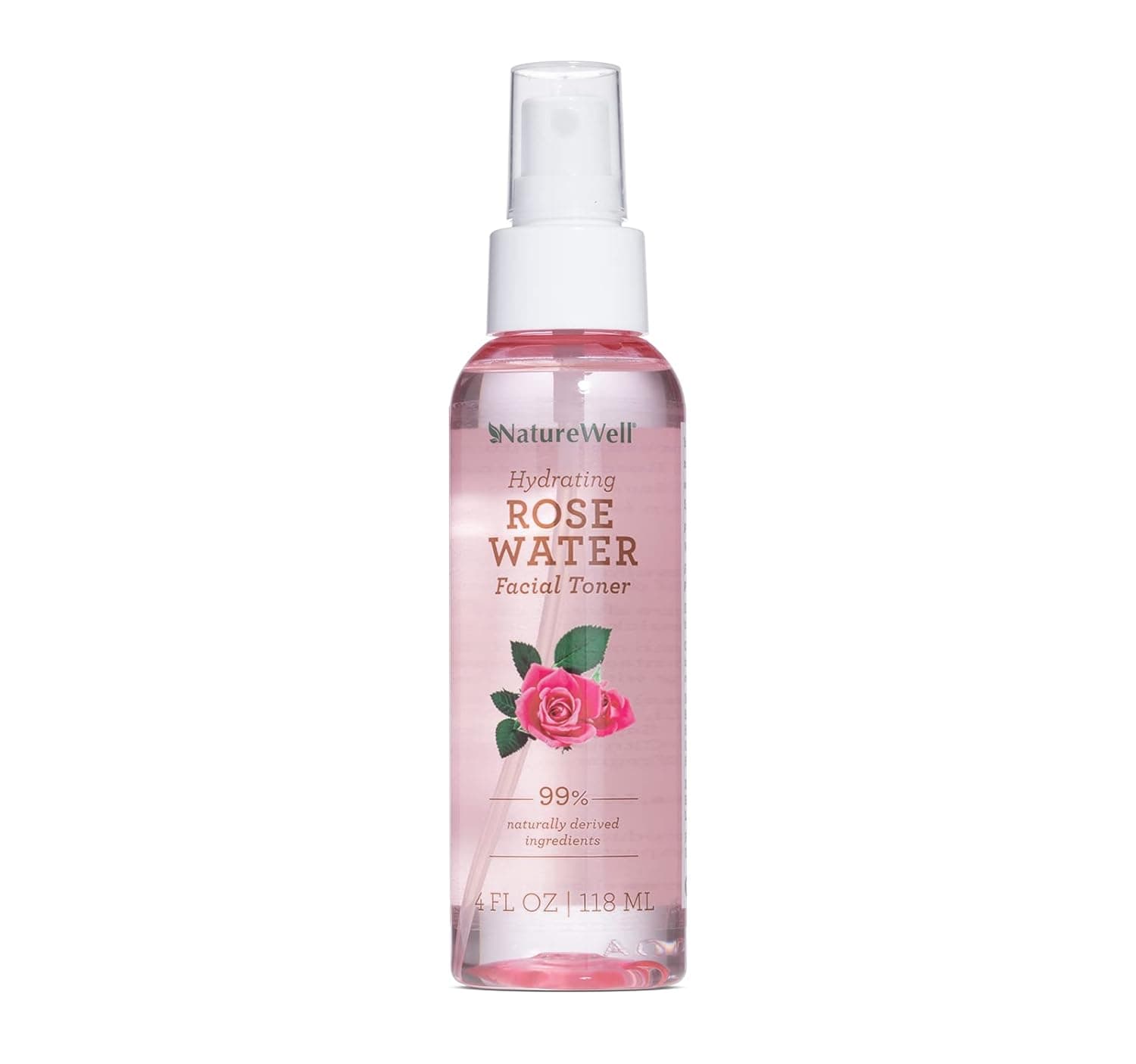 NATUREWELL Rose Water Hydrating Facial Toner Mist for Dewy & Radiant Skin, 100% Vegan, Refreshing, Conditioning, Soothing, Redness Reducing, Perfect for Travel, 4 Fl Oz