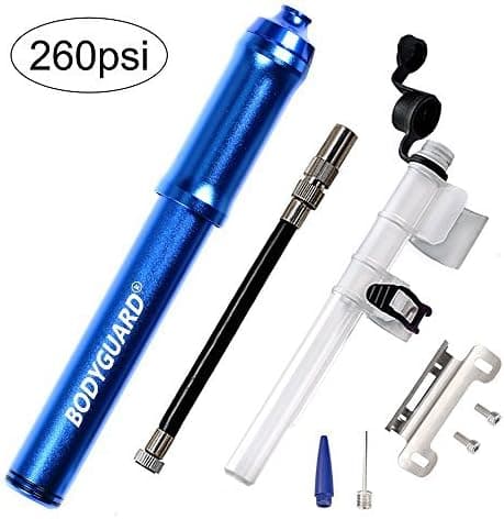 Bodyguard Mini Bike Pump - Reliable Hand Air Pump, Presta and Schrader Valve Compatible with Road, Mountain and BMX Bicycle Tires, High Pressure 260 Psi, 7.3 inches (Blue)