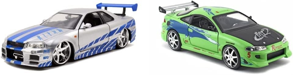 Jada Toys Fast & Furious Brian’s 2002 Nissan Skyline R34 Die-cast Car, 1:24 Scale, Silver & Blue & & Furious 1:24 Brian's Mitsubishi Eclipse Die-cast Car, Toys for Kids and Adults
