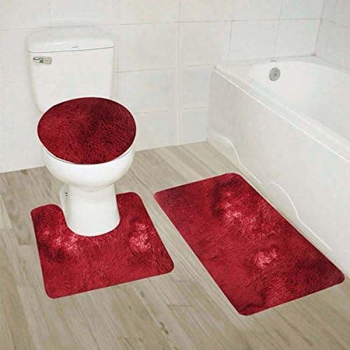 Golden Linens 3 Piece Shaggy Hairy Bathroom Rug Set Bath Rug, Contour Mat, Lid Cover Non-Slip with Rubber Backing Solid Color (Burgundy)