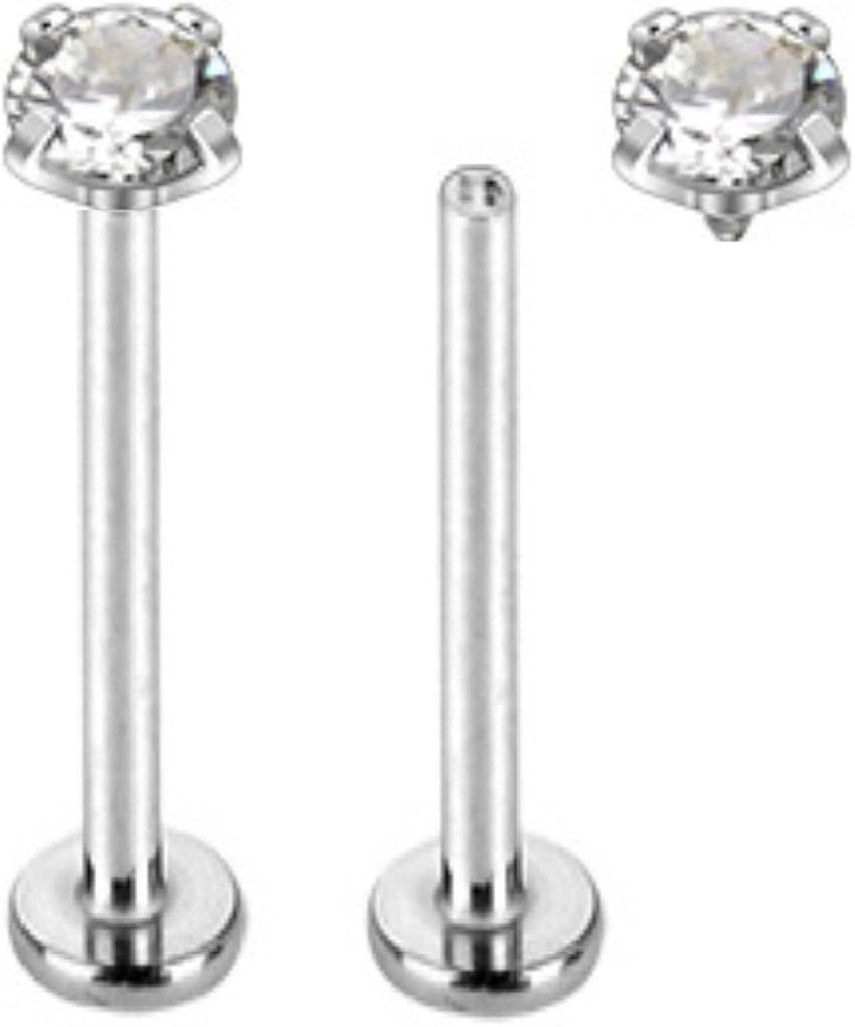 7ZACC Set of 2 Flat Bottom Internally Threaded 4 mm Dimond Ball 316l Surgical Steel Tongue Cheek Piercing 14guage 1/2" 12mm (Clear)