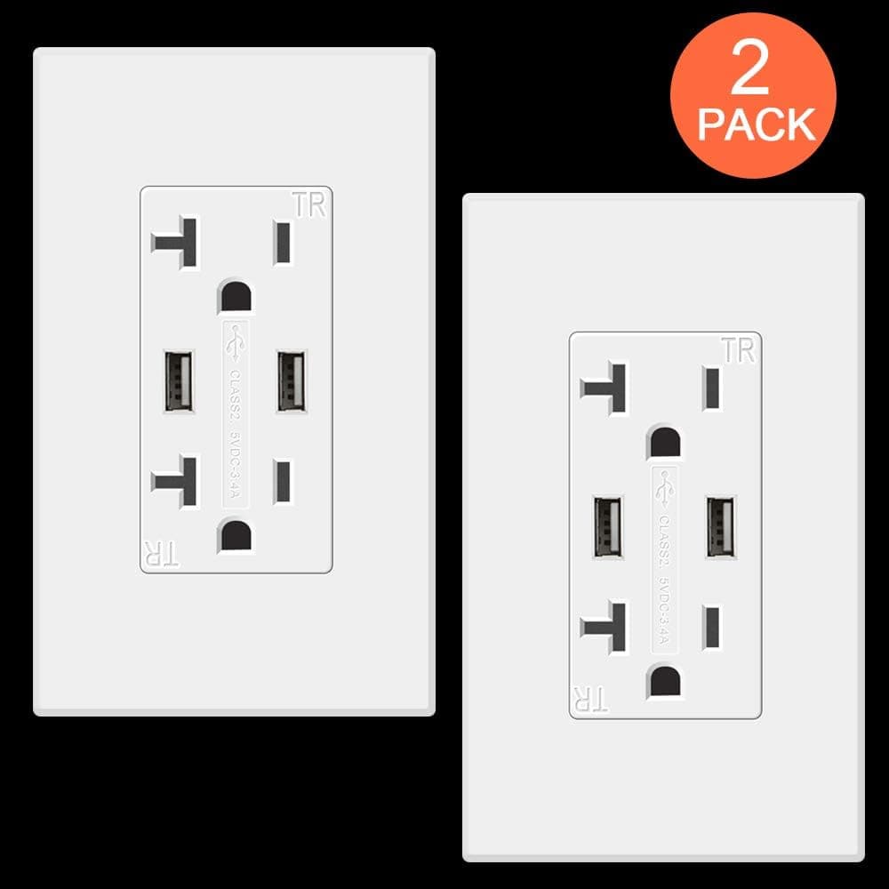 GUKIBO USB Outlet Receptacle, 2 Pack 3.4A High-Speed USB Charger Outlet 20A Tamper-Resistant Duplex Receptacle, UL-Listed Electrical Wall Outlet with Dual USB Ports with Screwless Wall Plates