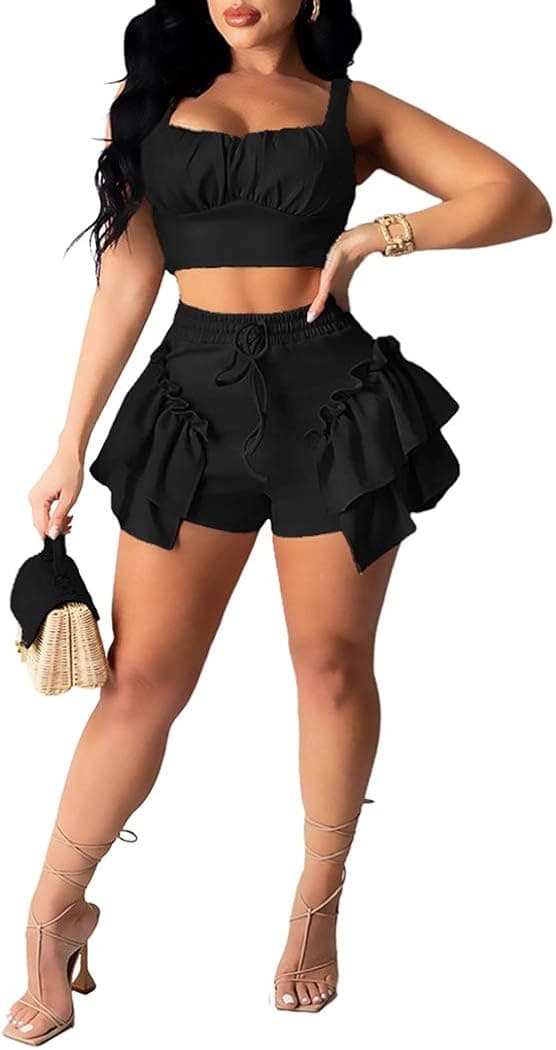 Womens 2 Piece Outfits Set Cami Crop Tops Cute Ruffle Shorts Tracksuit Sexy Clubwear