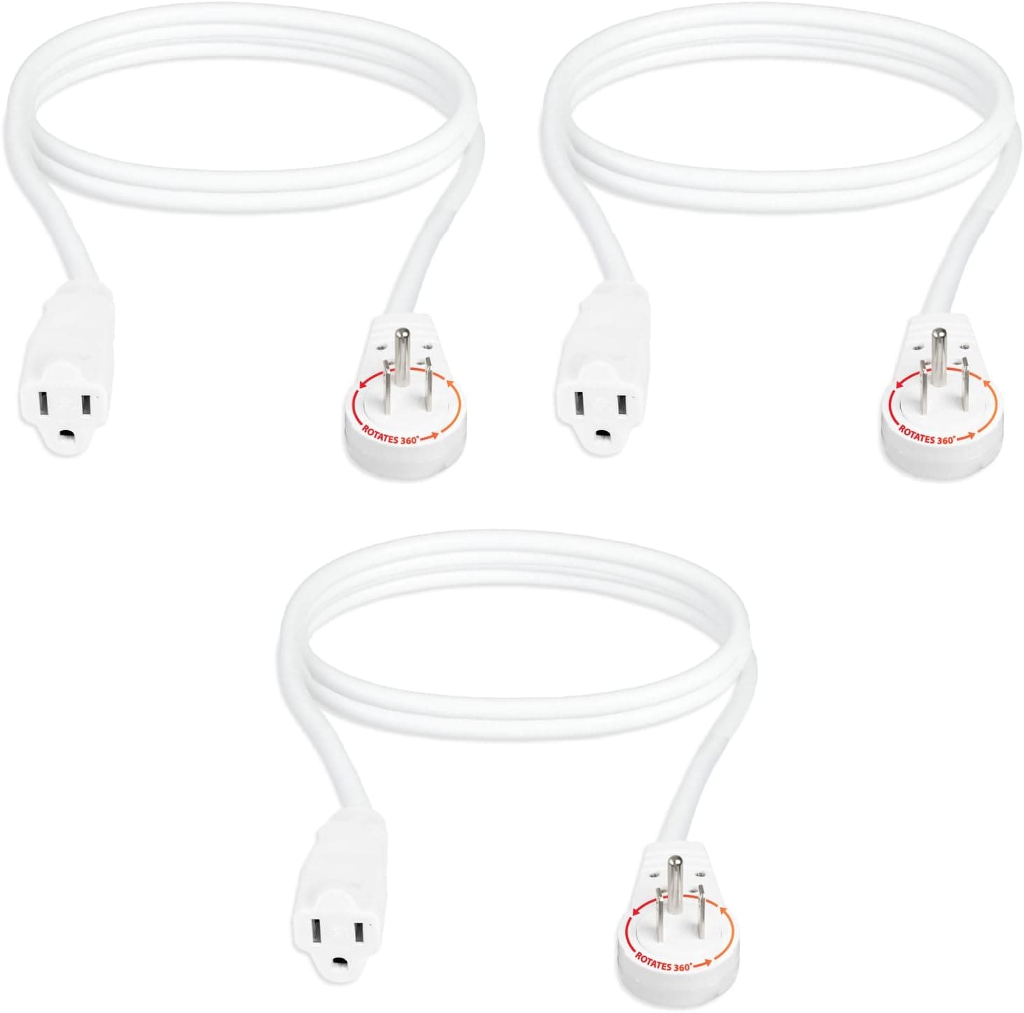3 Pack of 6 Ft Rotating Flat Plug Extension Cords - 16/3 SJT Durable White Electrical Cable, 13 AMP