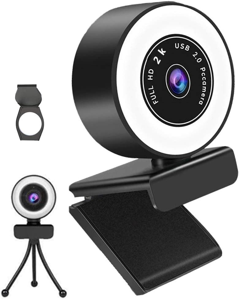 SUSUSU Webcam with ring light, 2K game Webcam with noise reduction microphone, wide-angle auto-zoom camera, with tripod and webcam privacy cover, suitable for Skype/meeting/online learning/live/gaming webcam black S1 20x0.8