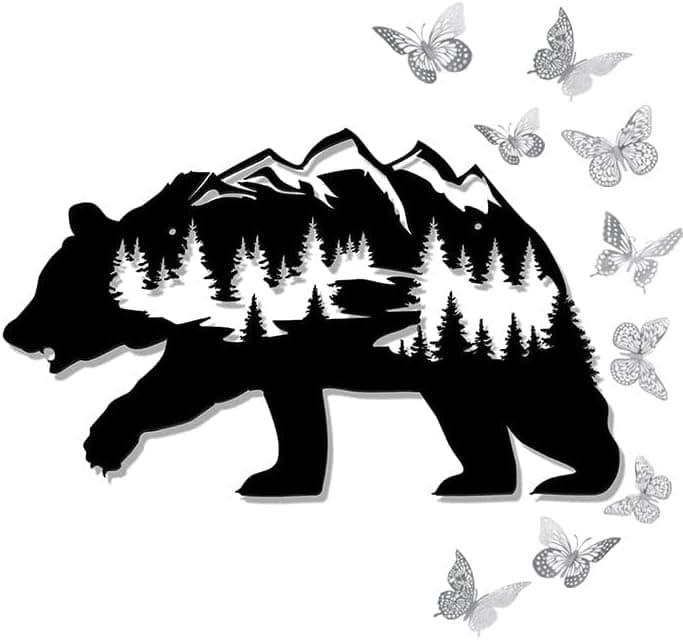 Qhecomce Metal Bear Wall Art Rustic Forest Hanging Wall Decor with 12pcs Silver 3D Butterfly Wall Stickers for Indoor Outdoor Living Room Bedroom Decoration, 14 x 8.5 Inch