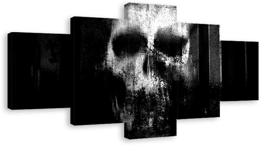Halloween Day Skull Canvas Wall Art Abstract Black and White Print Home Decor for Living Room Contemporary Pictures 5 Panel Large Poster Decal Painting Framed Ready to Hang (60"Wx32"H, Artwork-02)