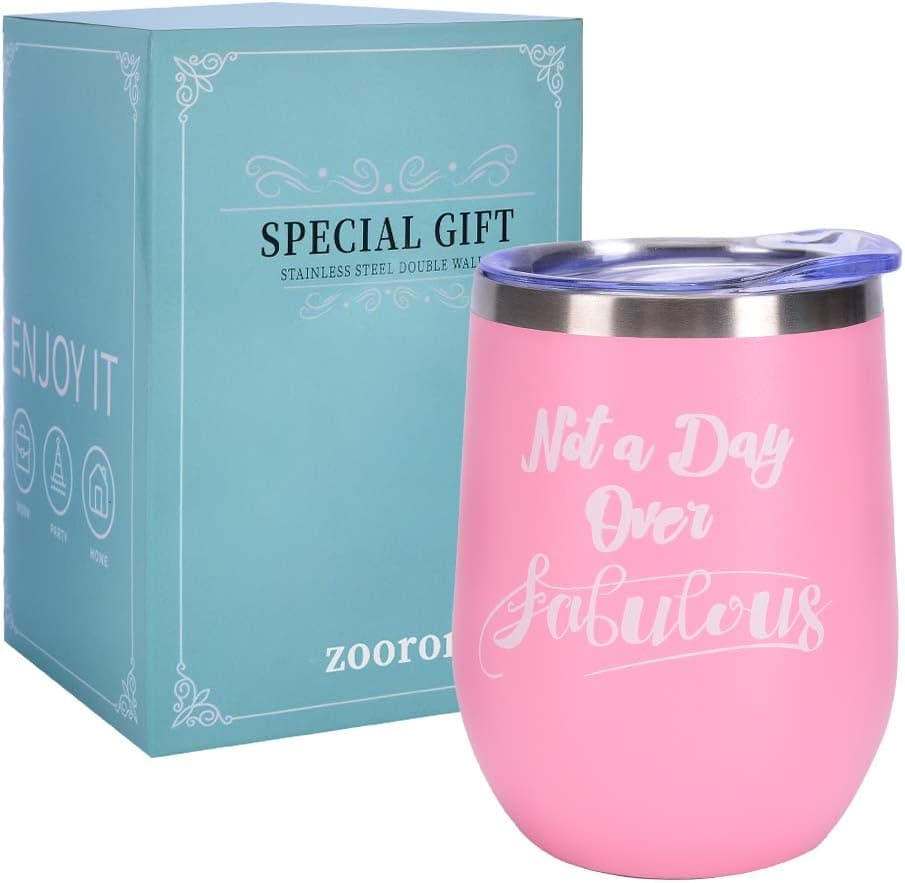 Not a Day Over Fabulous - Stainless Steel Wine Tumbler Glass with Lid, 12 oz Stainless Steel Double Wall Vacuum Insulated Wine Cup Funny Birthday Wine Gifts Ideas for Women, Best Friends, Her, Wife