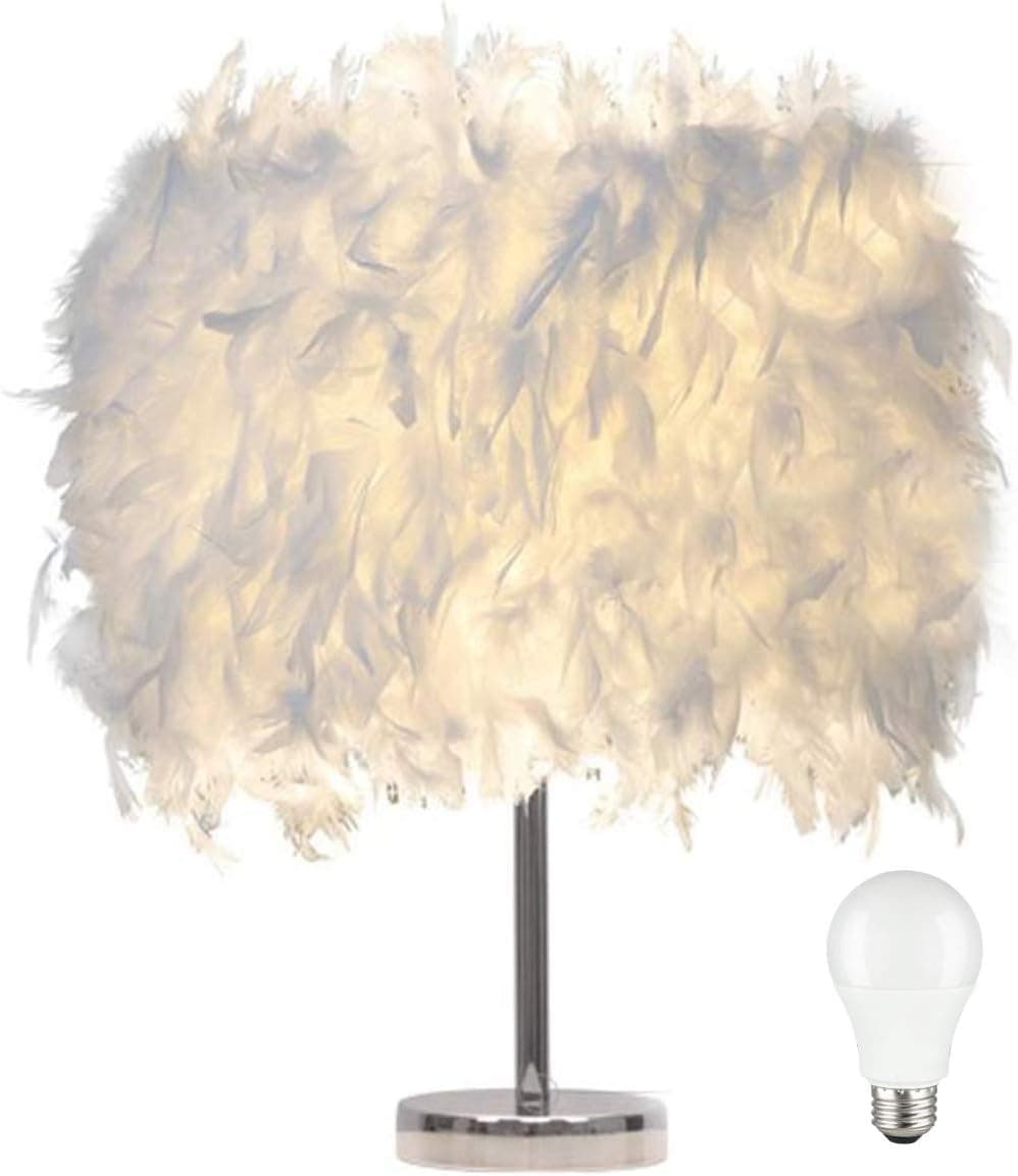 TowerTree Feather lamp,White Beside Table lamp for Bedroom,Children,Wedding,Birthday,Vintage Deco Desk Light Free Light buld Include(A)