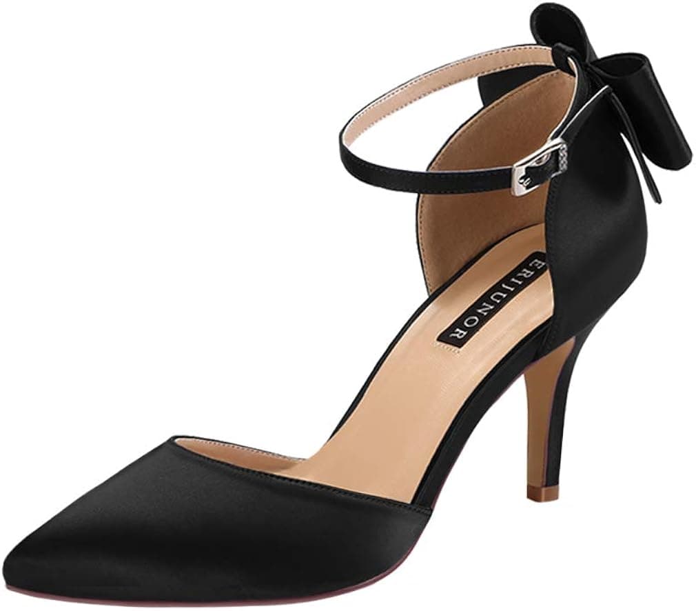 ERIJUNOR Wedding Evening Party Shoes Comfortable Mid Heels Pumps with Bow Knot Ankle Strap Wide Width Satin Shoes