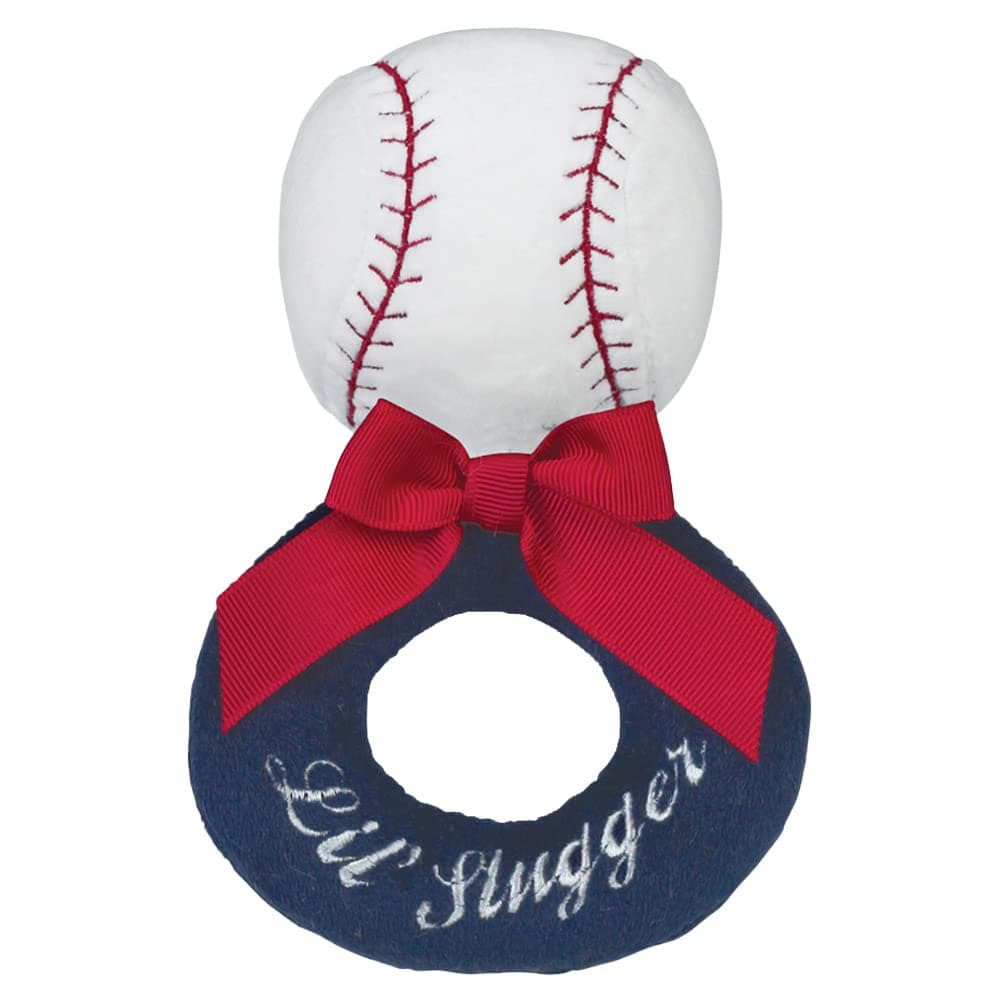 Bearington Baby Collection Lil’ Slugger Rattle: 5.5” Plush Baseball Rattle and Ring Shaker Toy, in Colors of Red, White & Blue; Sensory Stimulation for Infants, Makes a Great Baby Shower Gift
