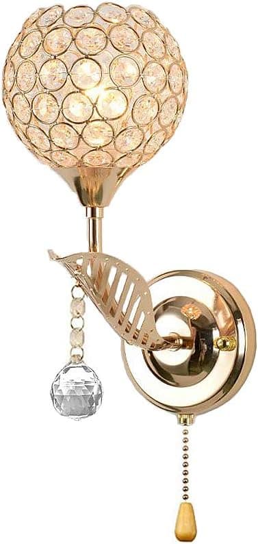 WeFoonLo Modern Crystal Wall Light Pendent Lamp Chrome Finish Bedroom Sconce Lighting Fixture with Pull Cord Switch, E14 Socket (Gold)