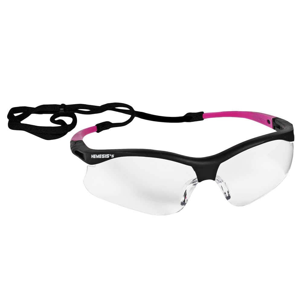KleenGuard V30 Nemesis Small Safety Glasses (38478), Lightweight, Clear Anti-Fog with Black Frame / Pink Tips, 12 Pairs / Case