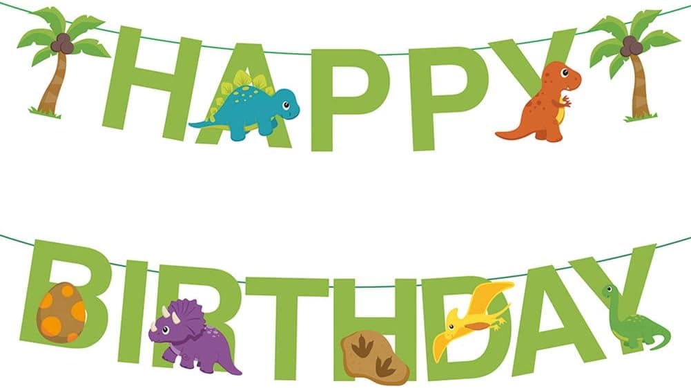 Dinosaur Happy Birthday Banner include Coconut Tree Dinosaur Eggs Flying Bird Dinosaur Fossil Overlord Dinosaur Spinosaurus Diplodocus and Brontosaurus