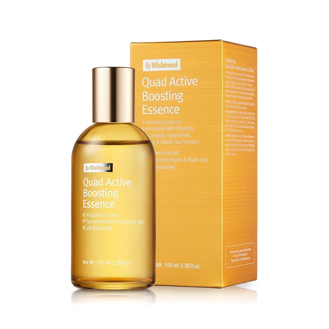 By Wishtrend Quad Active Boosting Essence 3.38 Fl Oz 100ml, Serum Booster for Propolis and Vitamin C, Propolis Extract Toner, Hydrating, Watery Light Texture, Ideal for All Skin Type (Quad Active Boosting Essence)
