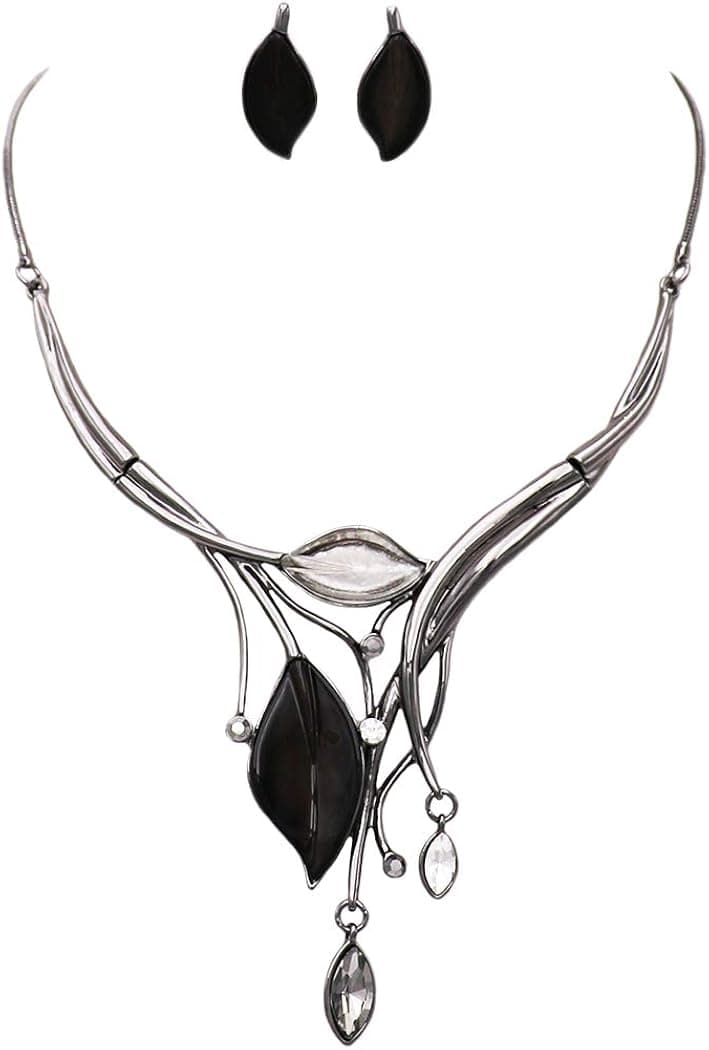 Rosemarie Collections Women's Leaf Design Statement Bib Necklace Earrings Set, 14"-17" with 3" Extender
