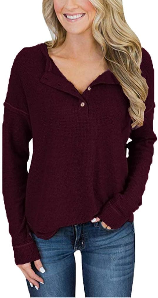 Locryz Women's Henley Shirts Long Sleeve Button Up V Neck Waffle Knit Shirt Tunic Tops