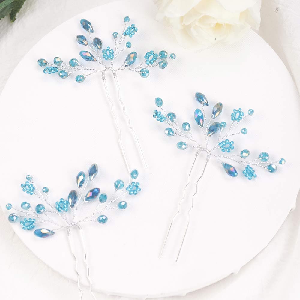 Kercisbeauty Wedding Hair Pins Crystal Hair Accessories for Women Girls Bridal Hair Clips Brides Bridesmaid Hair Dress 2pcs (Blue)