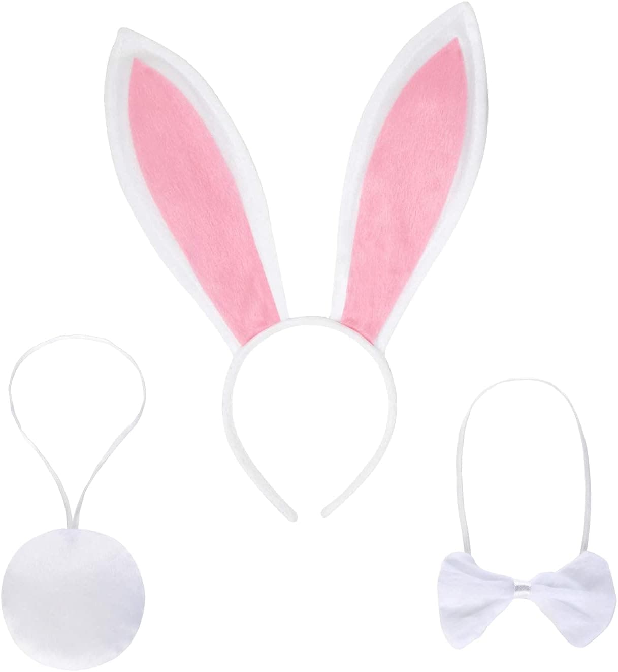 JIALWEN Easter Bunny Ears Headband 3 Piece Set Plush Rabbit Ears Headband Bowtie and Tail Party Cosplay Halloween Costume Accessories(White/Pink)