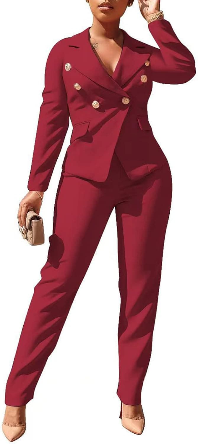Women 2 Piece Outfits Suits Set Long Sleeve Button Blazer High Waisted Pants Jumpsuit for Business Work