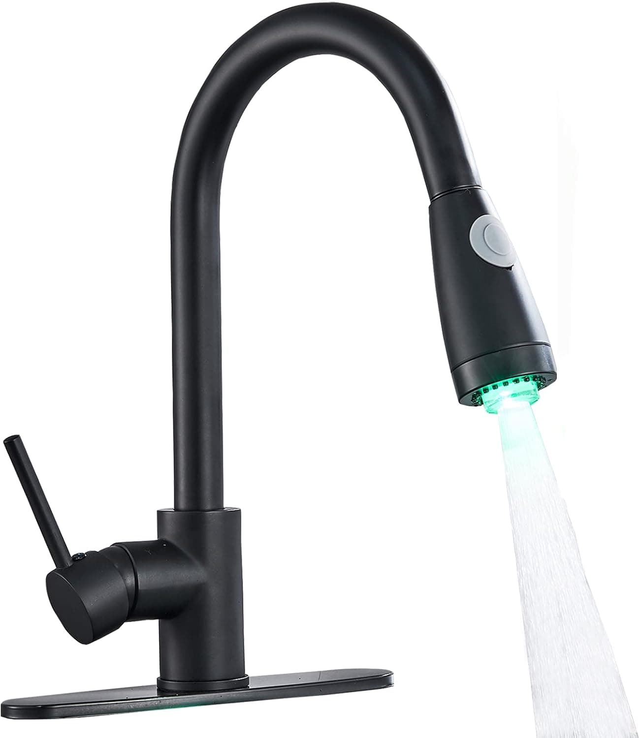 Votamuta NEW Deck Mounted Black Color LED Light Pull Out Sprayer Kitchen Sink Faucet One Handle Kitchen Mixer Tap with Hole Cover Plate