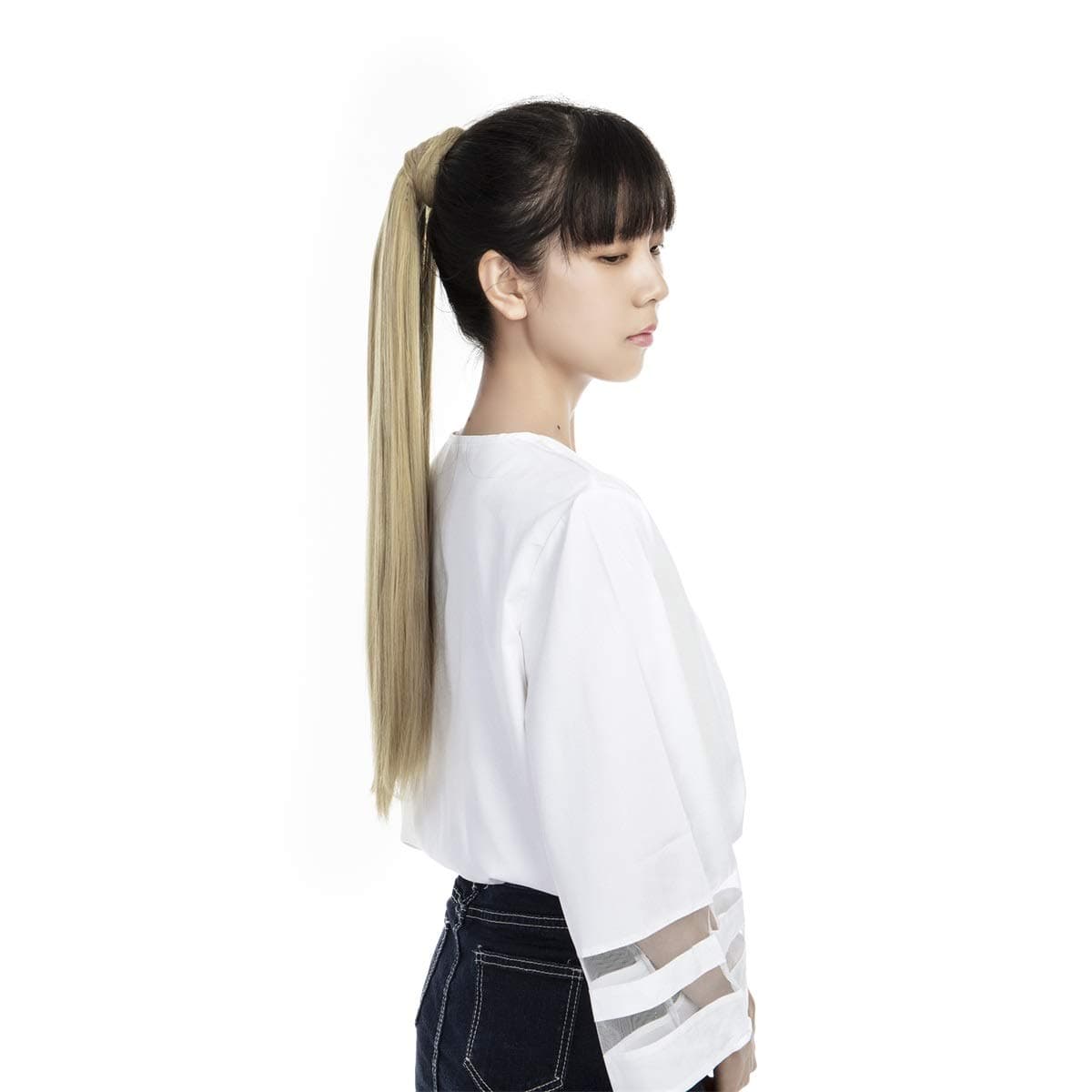 FUT Wrap Around Ponytail One Piece Clip in Curly Pony Tial Hair Extensions 18inch 90g for Girl Lady Women Ash Blonde Mix Bleach Blonde