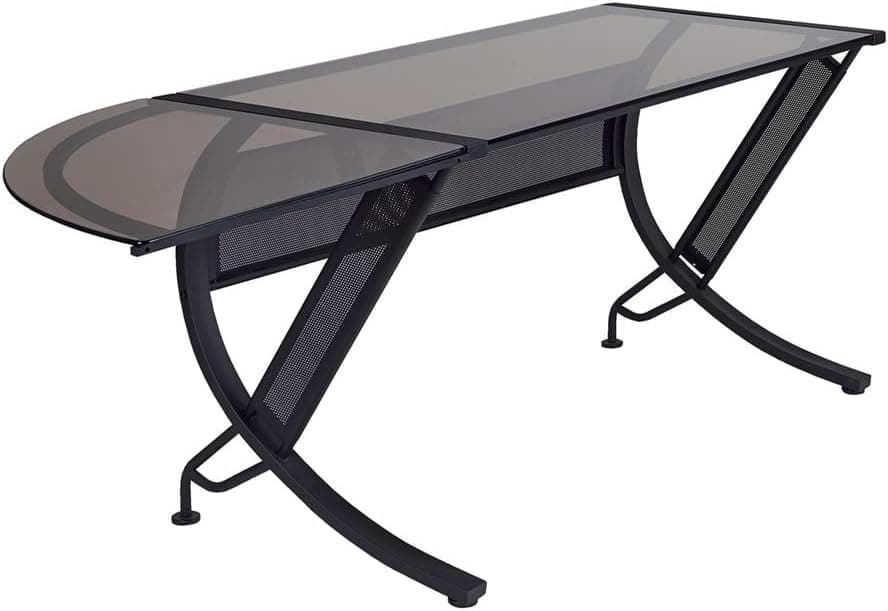 OSP Home Furnishings Horizon Corner and Return L-Shaped Desk, Tempered Glass Top and Steel Frame, Black