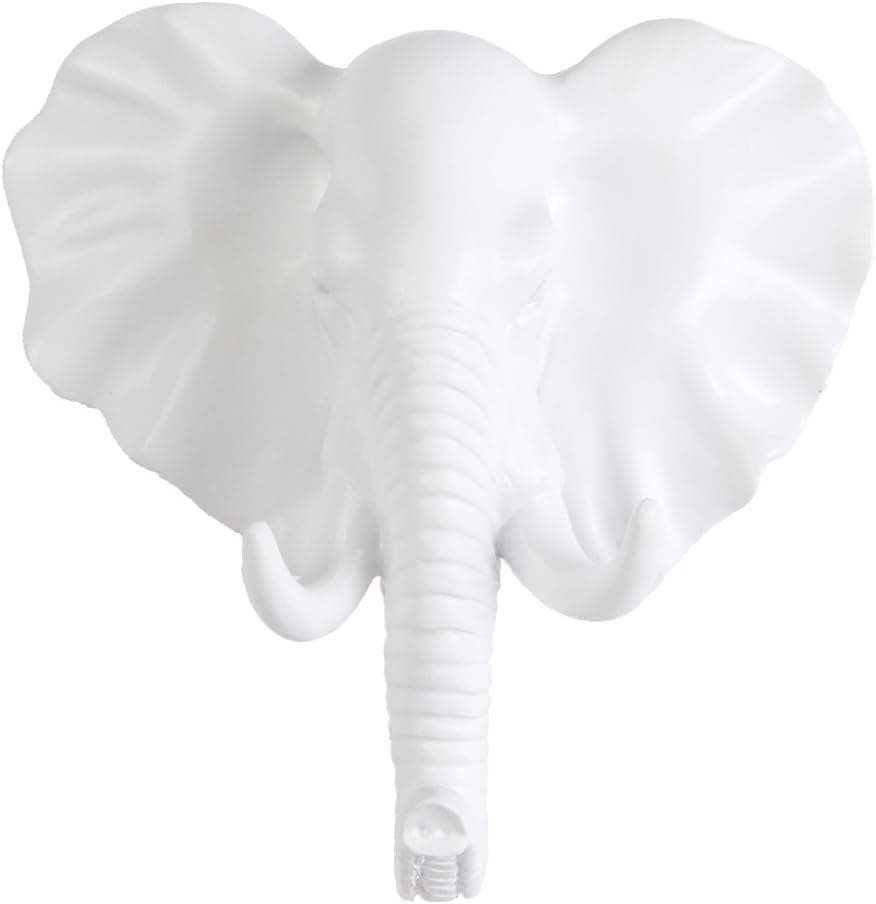 TraPal Elephant Head Single Decorative Coat Hook Wall Mounted Rustic Coat Rack Easy to Install Resin Animal Shape Clothes/Garment/Jacket Hanger (Elephant-White)