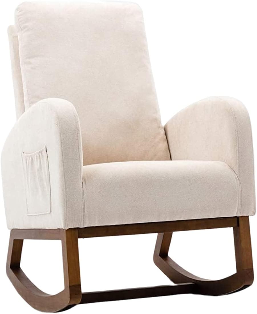 jeerbly Nursery Rocking Chair,Upholstered Fabric Accent Armchair,Wooden Padded Seat with 2-Side Pocket,Nursing Chair with Rubber Wood Legs,Glider Chair for Nursery,Living Room,Home Office (Beige)